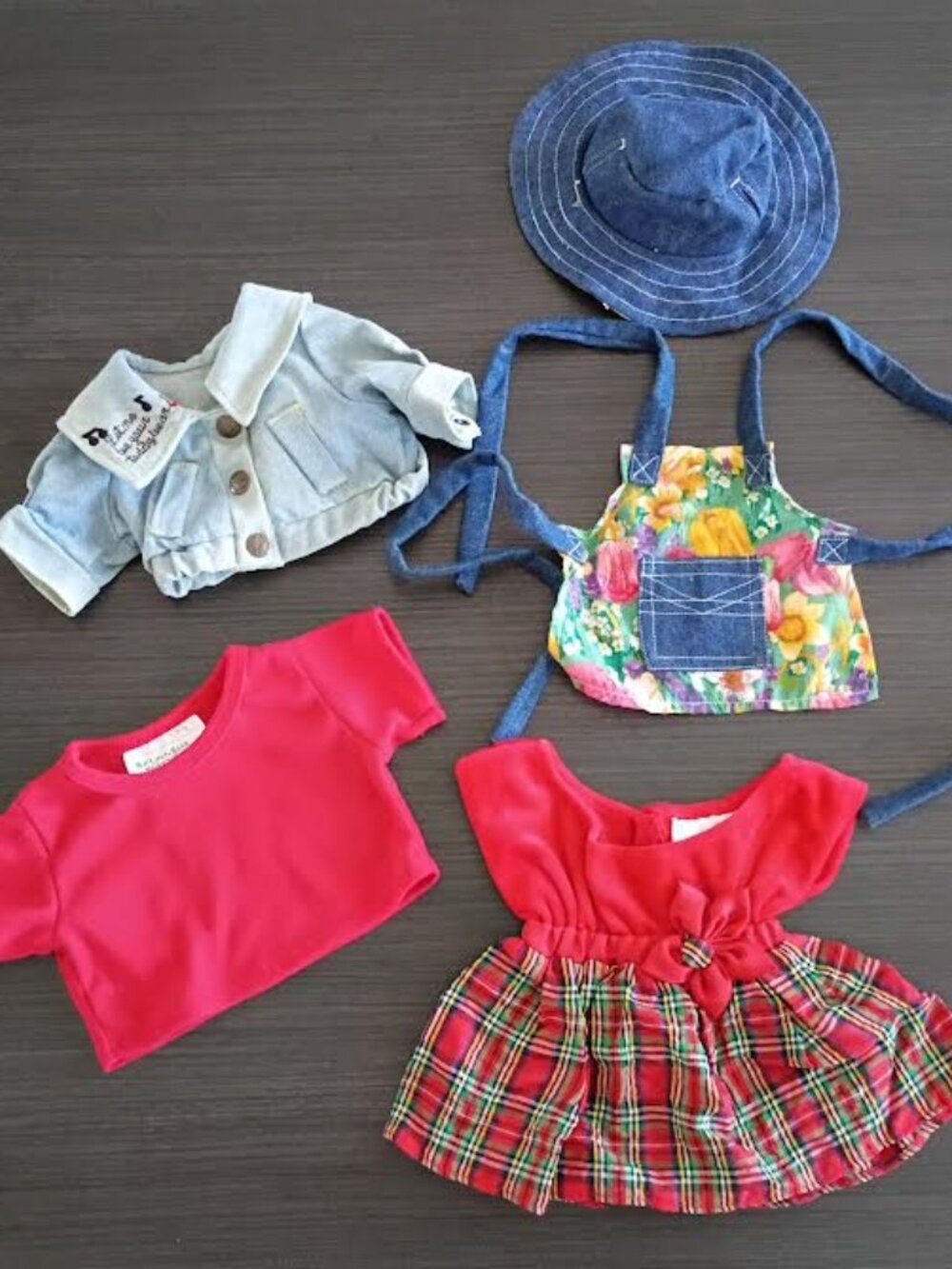 BUILD-A-BEAR LOT-CHRISTMAS DRESS GARDEN APRON HAT RED TEE DENIM JACKET (?)
